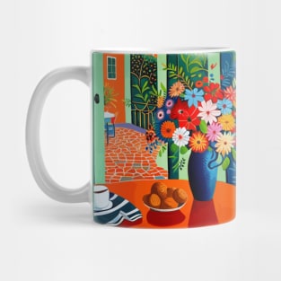 Modern Still Life Painting with Floral Vase and Garden View Mug